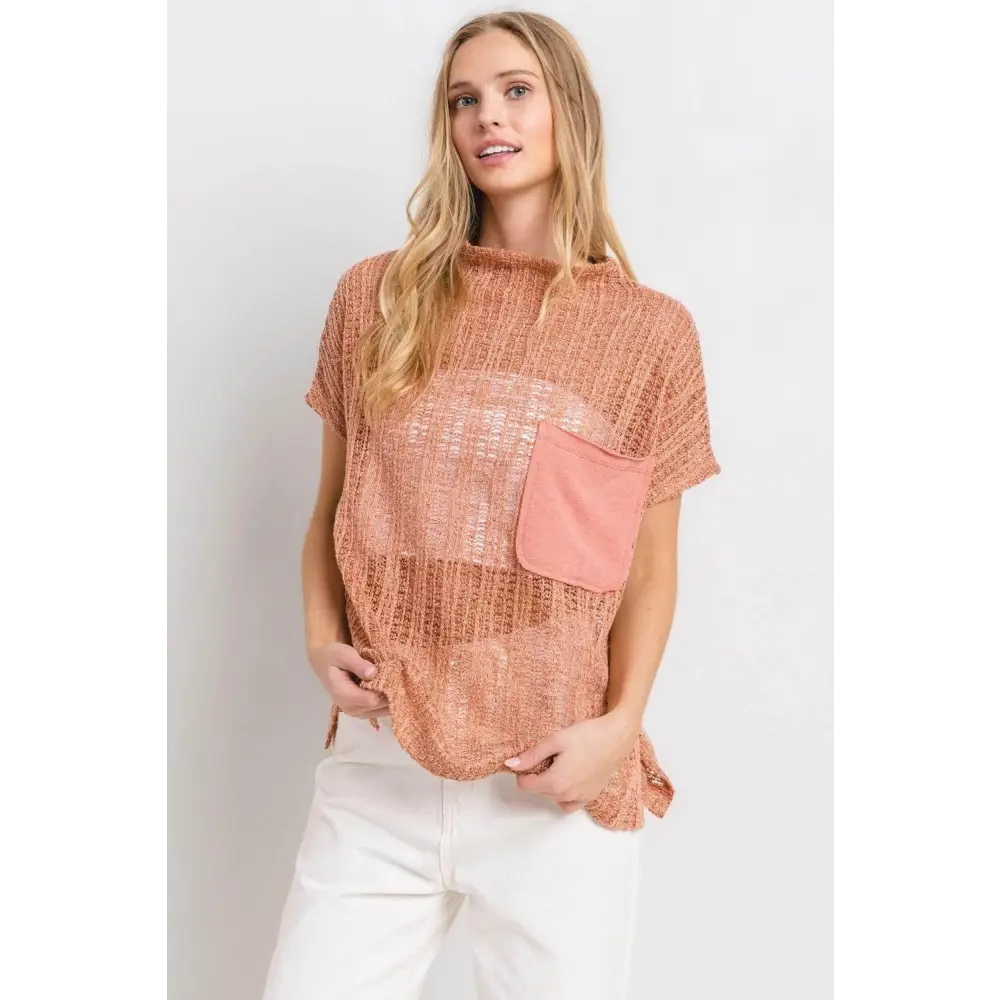 Ces Femme See Through Crochet Mock Neck Cover Up