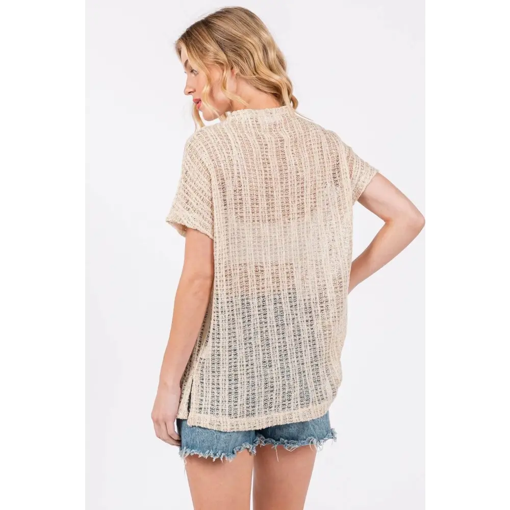 Ces Femme See Through Crochet Mock Neck Cover Up