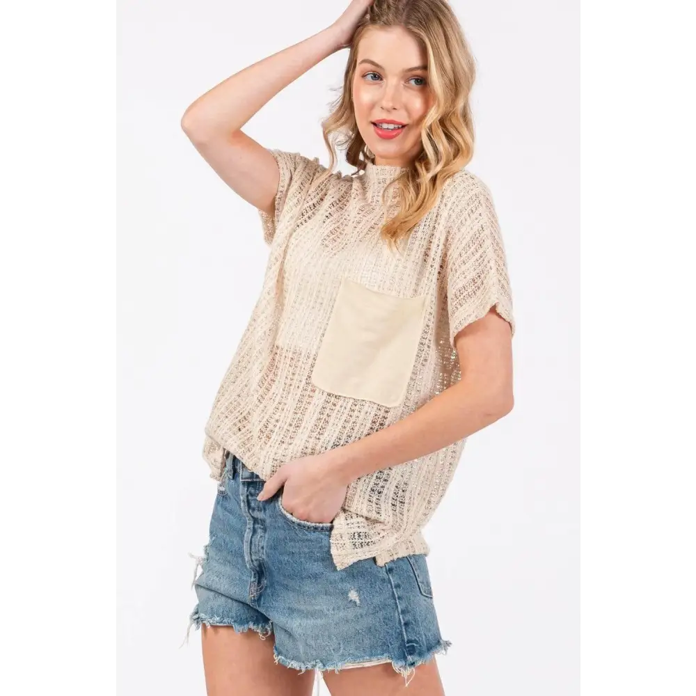 Ces Femme See Through Crochet Mock Neck Cover Up