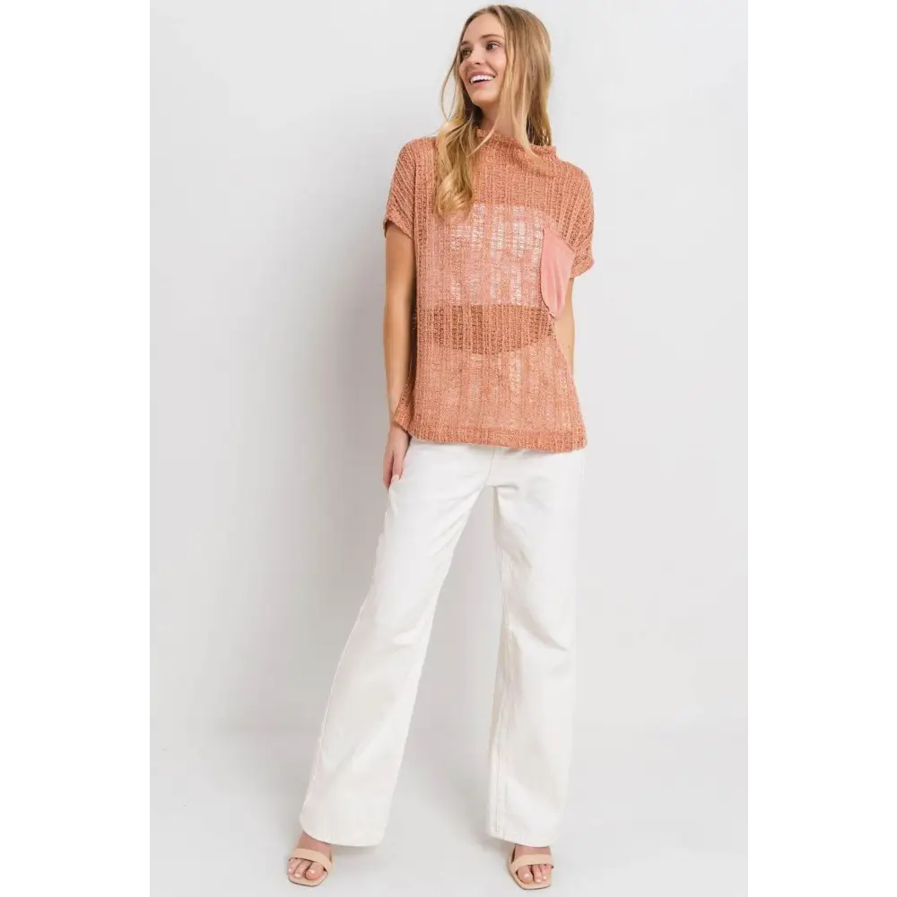 Ces Femme See Through Crochet Mock Neck Cover Up