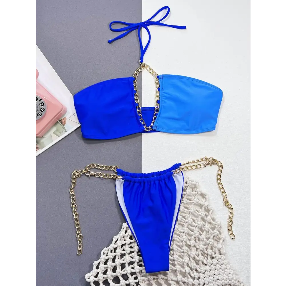 Dazzling Blue Halter Neck Bikini Set with Gold Chain Accents