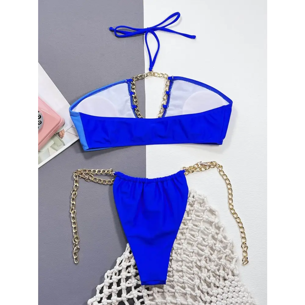 Dazzling Blue Halter Neck Bikini Set with Gold Chain Accents