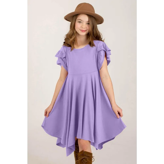 Charming Girl's Round Neck Petal Sleeve Dress with Ruffles and Hat Lavender / 2XL