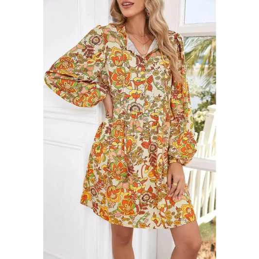 Charming Yellow Cream Floral Print Tie Neck Mini Dress Yellow Cream / XL