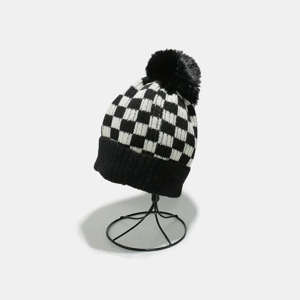 Cozy Checkered Knit Hat with Playful Pompom