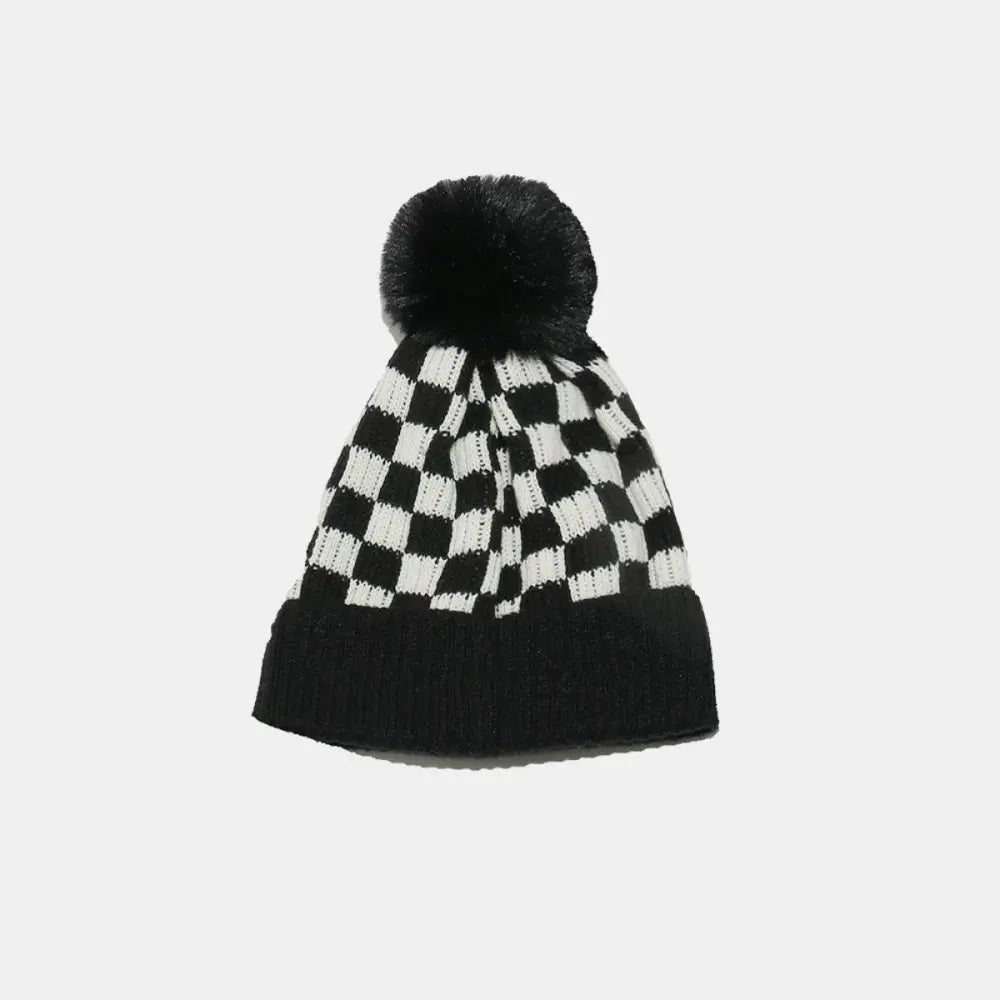 Cozy Checkered Knit Hat with Playful Pompom