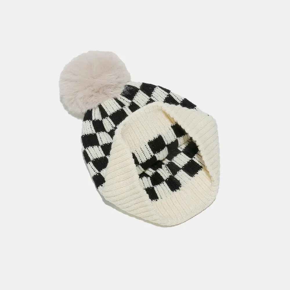 Cozy Checkered Knit Hat with Playful Pompom