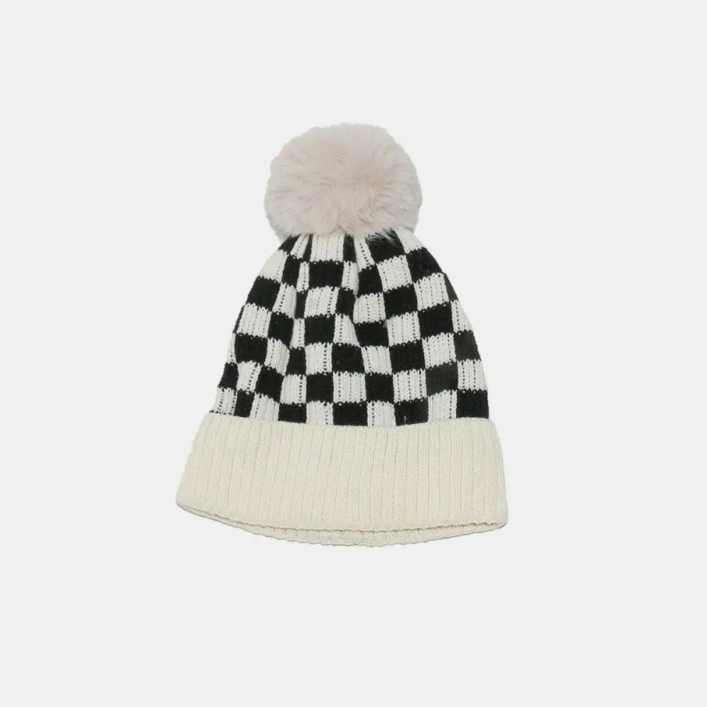 Cozy Checkered Knit Hat with Playful Pompom