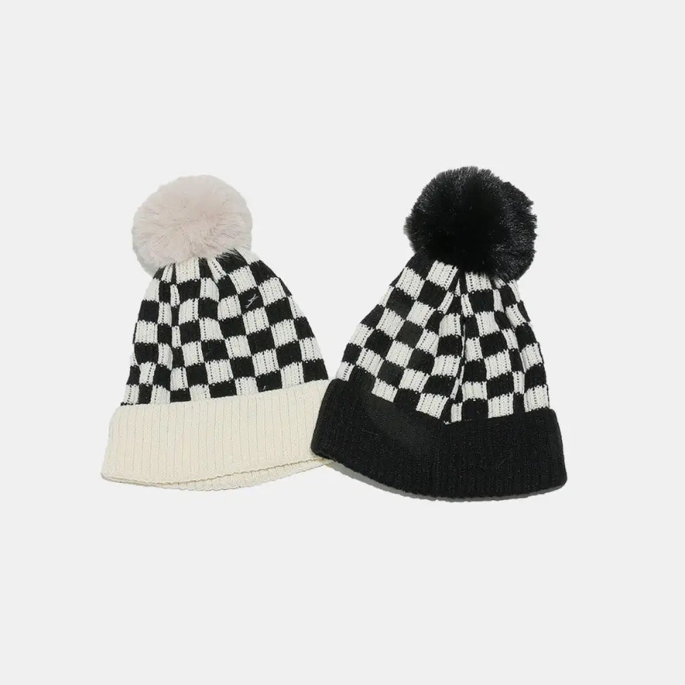 Cozy Checkered Knit Hat with Playful Pompom