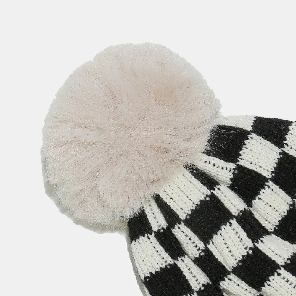 Cozy Checkered Knit Hat with Playful Pompom