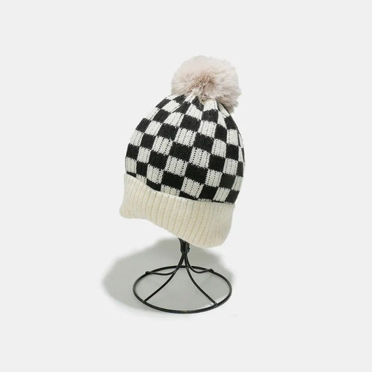 Checkered Knit Hat with Pompom - CM Fashion