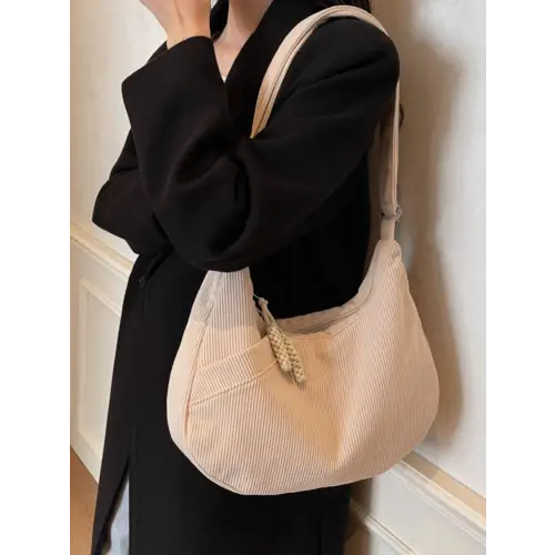 Chic Beige Corduroy Ribbed Adjustable Strap Shoulder Bag - Unique and Stylish