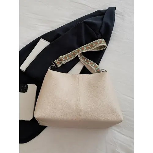 Chic Beige Leather Geometric Pattern Strap Shoulder Bag