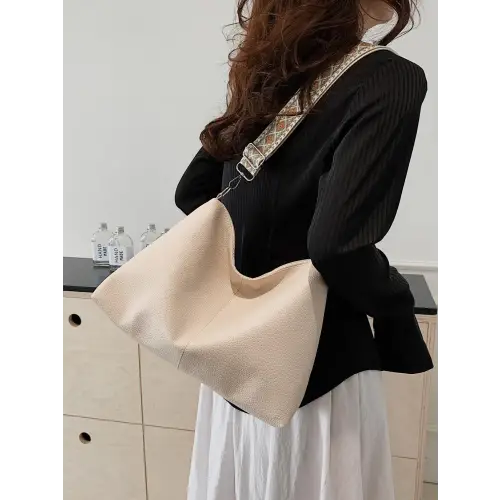 Chic Beige Leather Geometric Pattern Strap Shoulder Bag