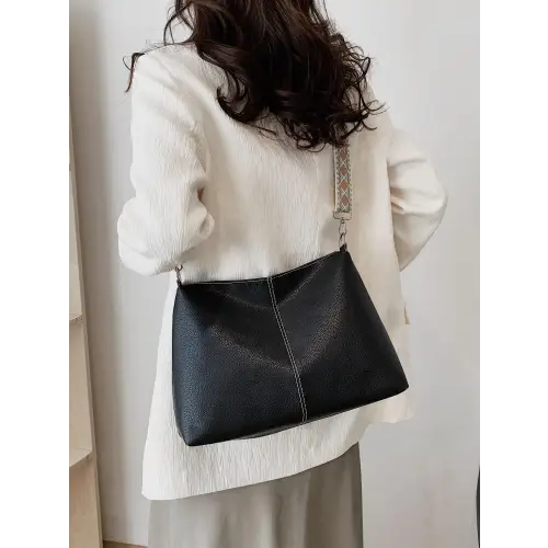 Chic Beige Leather Geometric Pattern Strap Shoulder Bag