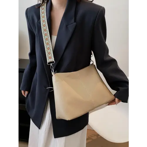 Chic Beige Leather Geometric Pattern Strap Shoulder Bag