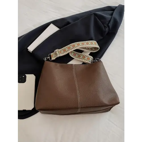 Chic Beige Leather Geometric Pattern Strap Shoulder Bag