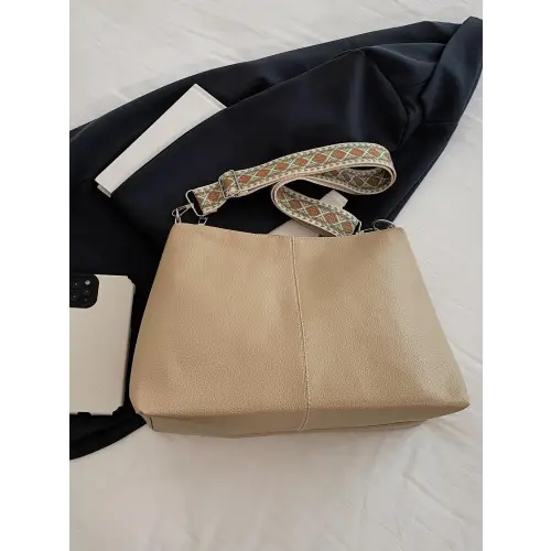 Chic Beige Leather Geometric Pattern Strap Shoulder Bag