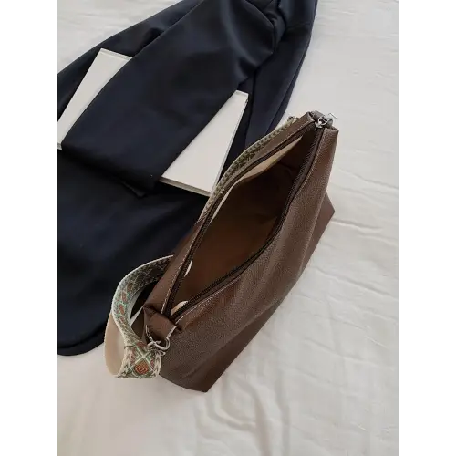 Chic Beige Leather Geometric Pattern Strap Shoulder Bag