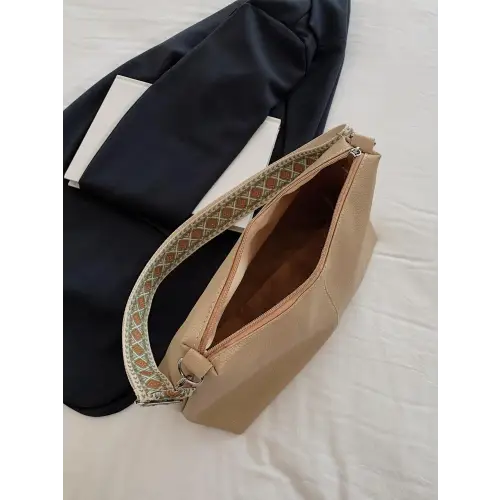 Chic Beige Leather Geometric Pattern Strap Shoulder Bag