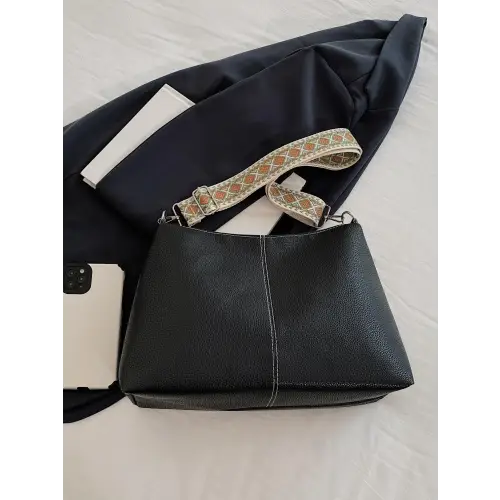 Chic Beige Leather Geometric Pattern Strap Shoulder Bag