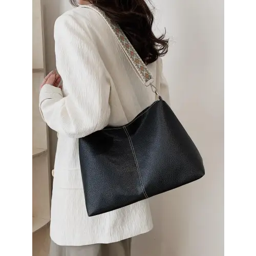 Chic Beige Leather Geometric Pattern Strap Shoulder Bag