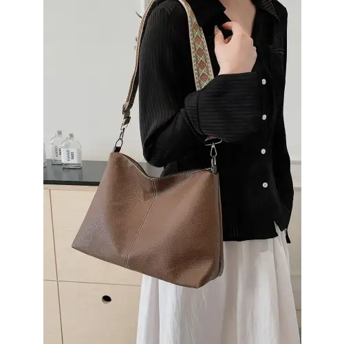 Chic Beige Leather Geometric Pattern Strap Shoulder Bag