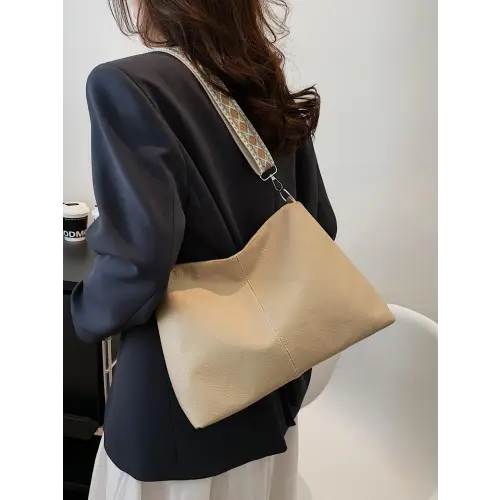 Chic Beige Leather Geometric Pattern Strap Shoulder Bag