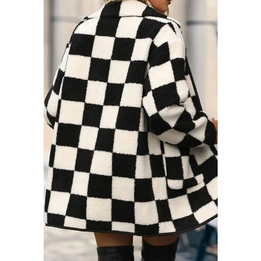 Chic Black Checkered Collared Buttoned Fleece Coat for Stylish Comfort