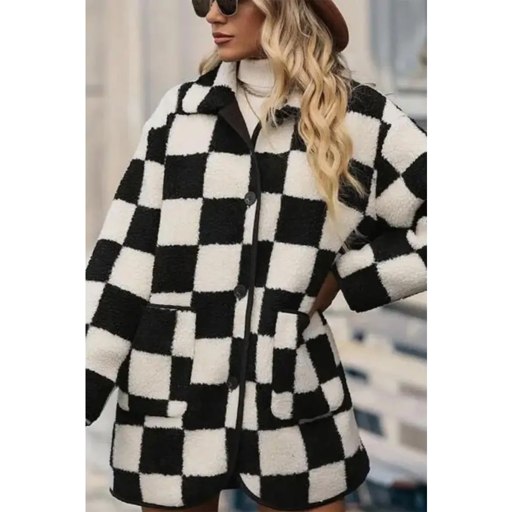 Chic Black Checkered Collared Buttoned Fleece Coat for Stylish Comfort