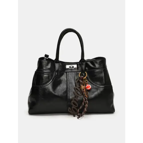 Chic Black Leather Handbag with Charming Pendant and Tassels