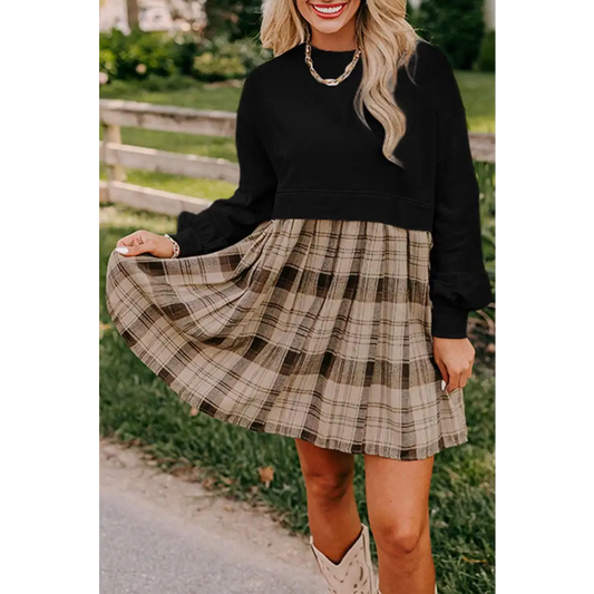 Chic Black Plaid Patchwork High Waist Sweatshirt Mini Dress Black / XL