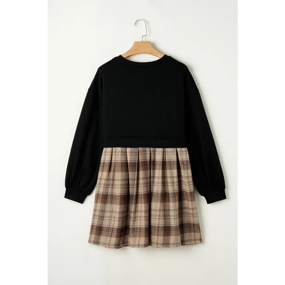 Chic Black Plaid Patchwork High Waist Sweatshirt Mini Dress