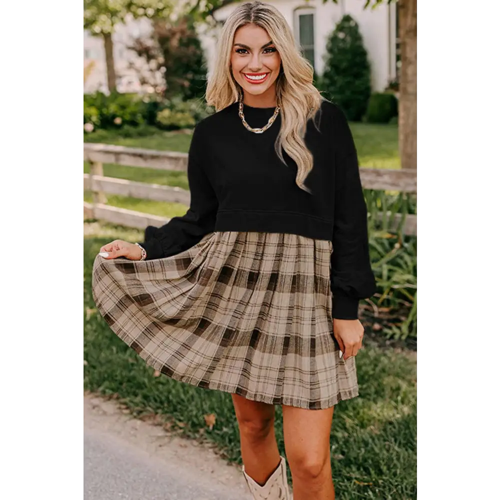 Chic Black Plaid Patchwork High Waist Sweatshirt Mini Dress