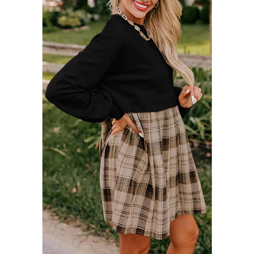 Chic Black Plaid Patchwork High Waist Sweatshirt Mini Dress