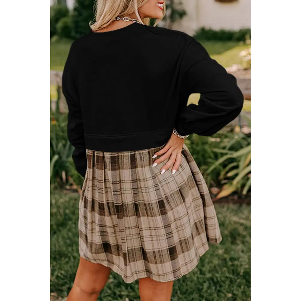 Chic Black Plaid Patchwork High Waist Sweatshirt Mini Dress