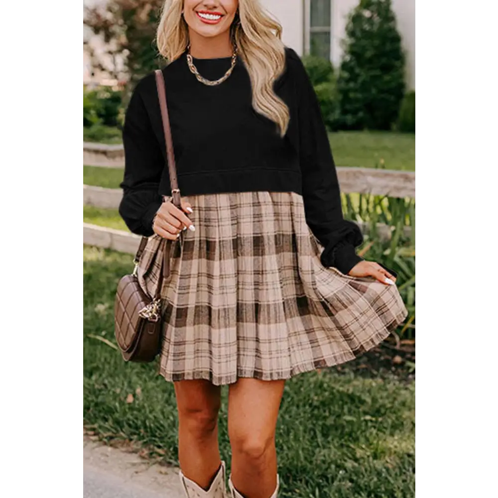 Chic Black Plaid Patchwork High Waist Sweatshirt Mini Dress