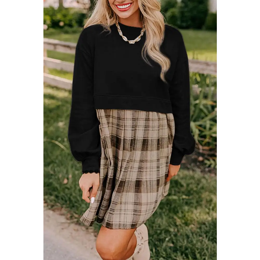 Chic Black Plaid Patchwork High Waist Sweatshirt Mini Dress