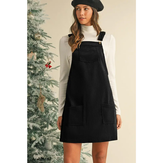 Chic Black Plain Corduroy Overall Dress with Pockets Black / XL