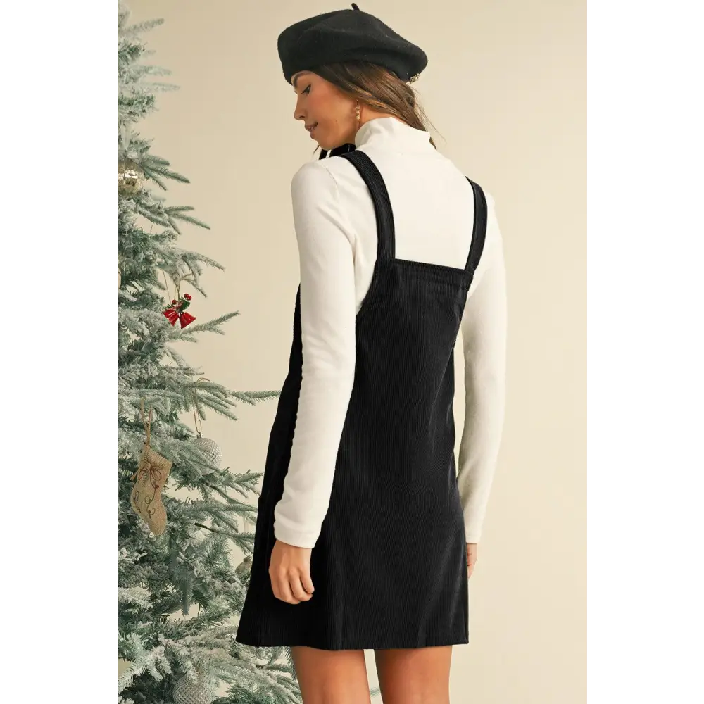 Chic Black Plain Corduroy Overall Dress with Pockets