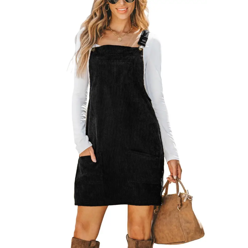 Chic Black Plain Corduroy Overall Dress with Pockets