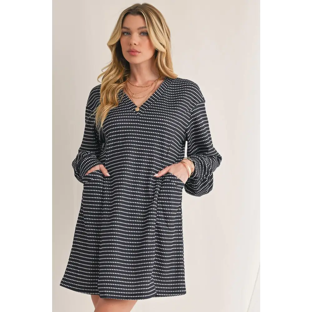 Chic Black Striped V-Neck Long Sleeve Mini Dress for Effortless Style