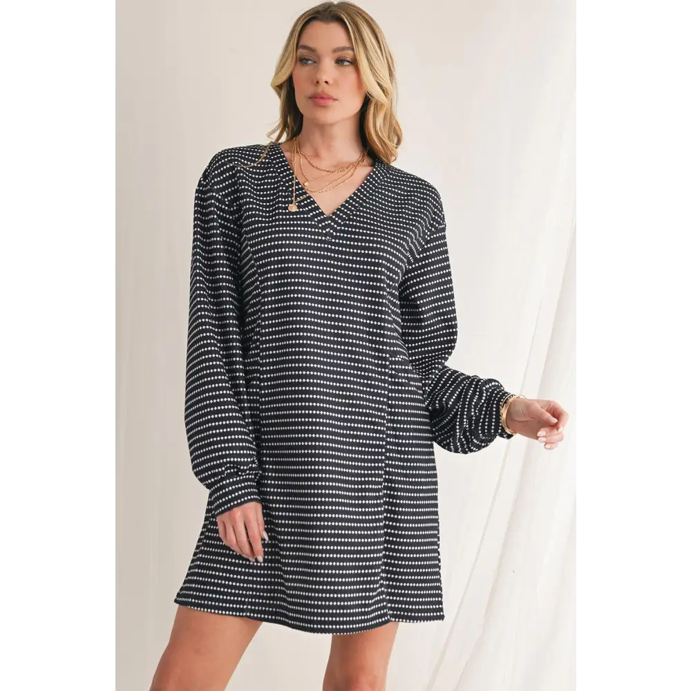 Chic Black Striped V-Neck Long Sleeve Mini Dress for Effortless Style