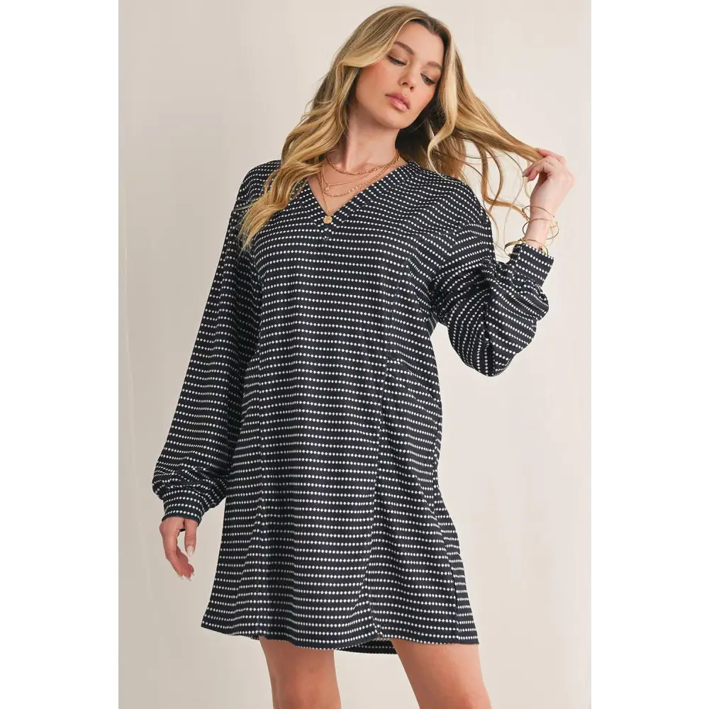 Chic Black Striped V-Neck Long Sleeve Mini Dress for Effortless Style