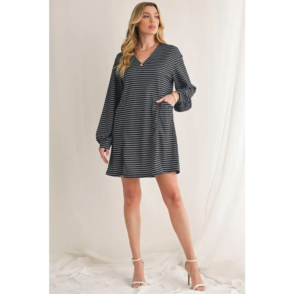 Chic Black Striped V-Neck Long Sleeve Mini Dress for Effortless Style