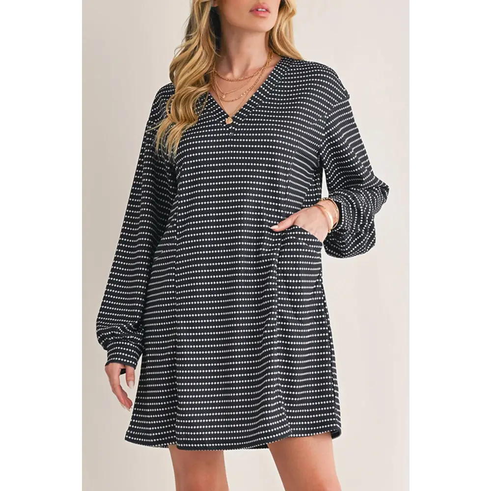 Chic Black Striped V-Neck Long Sleeve Mini Dress for Effortless Style