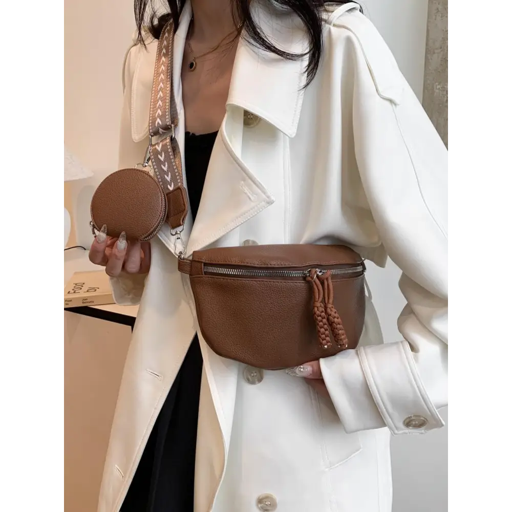 Chic Brown Faux Leather Adjustable Strap Crossbody Bag with Coin Purse