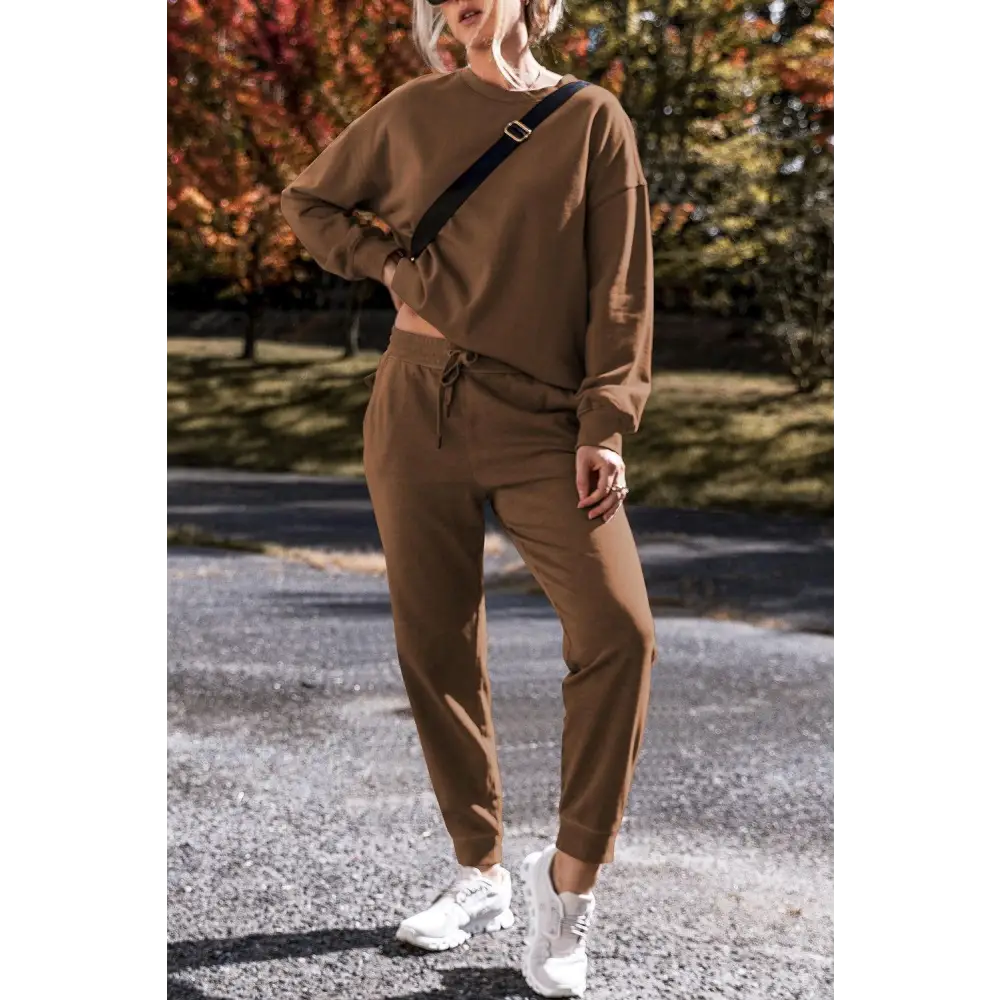 Chic Coffee Solid Color Lounge Set with Stylish High Low Pullover