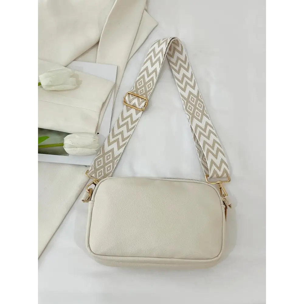 Chic Cream Leather Single Strap Crossbody Bag with Patterned Strap