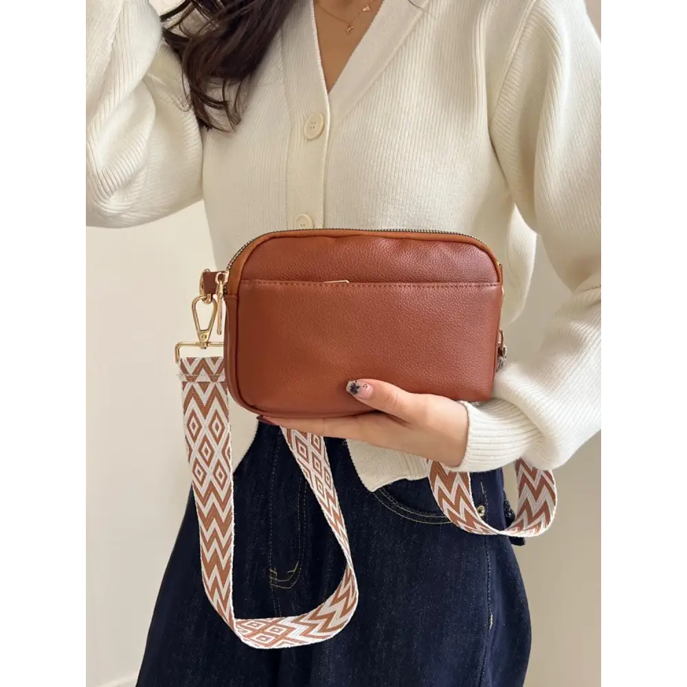 Chic Cream Leather Single Strap Crossbody Bag with Patterned Strap